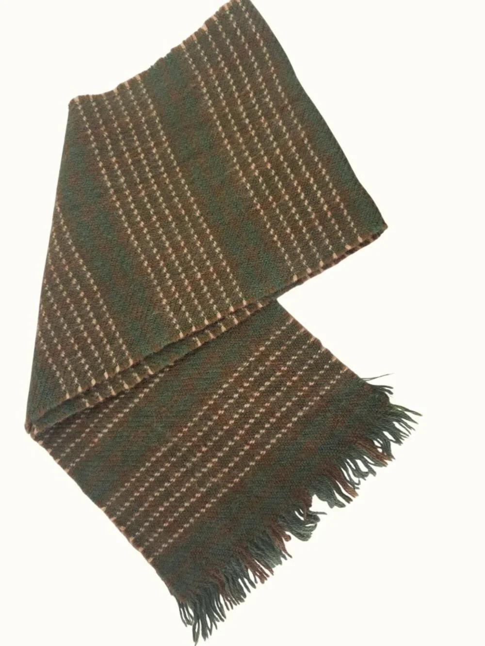 Vintage Handmade Heavy Wool Woven Wrap Shawl Green Stripe Fringed 52x10.5 Unisex